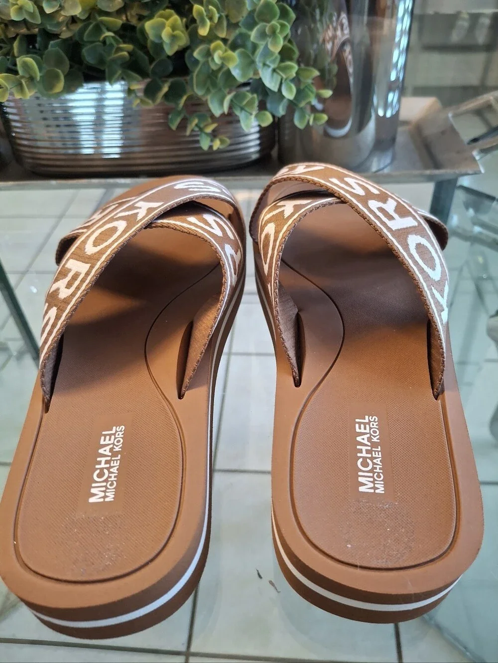 Michael Kors Brown Logo Crisscross Slide Sandals